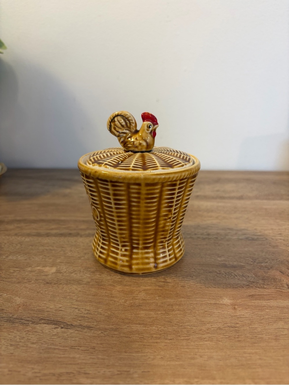 Vintage Rooster Basketweave Jelly Jar with Spoon Lid – Made in Japan